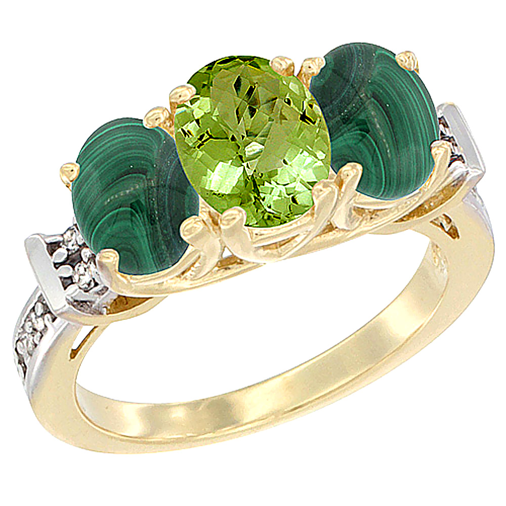 10K Yellow Gold Natural Peridot & Malachite Sides Ring 3-Stone Oval Diamond Accent, sizes 5 - 10