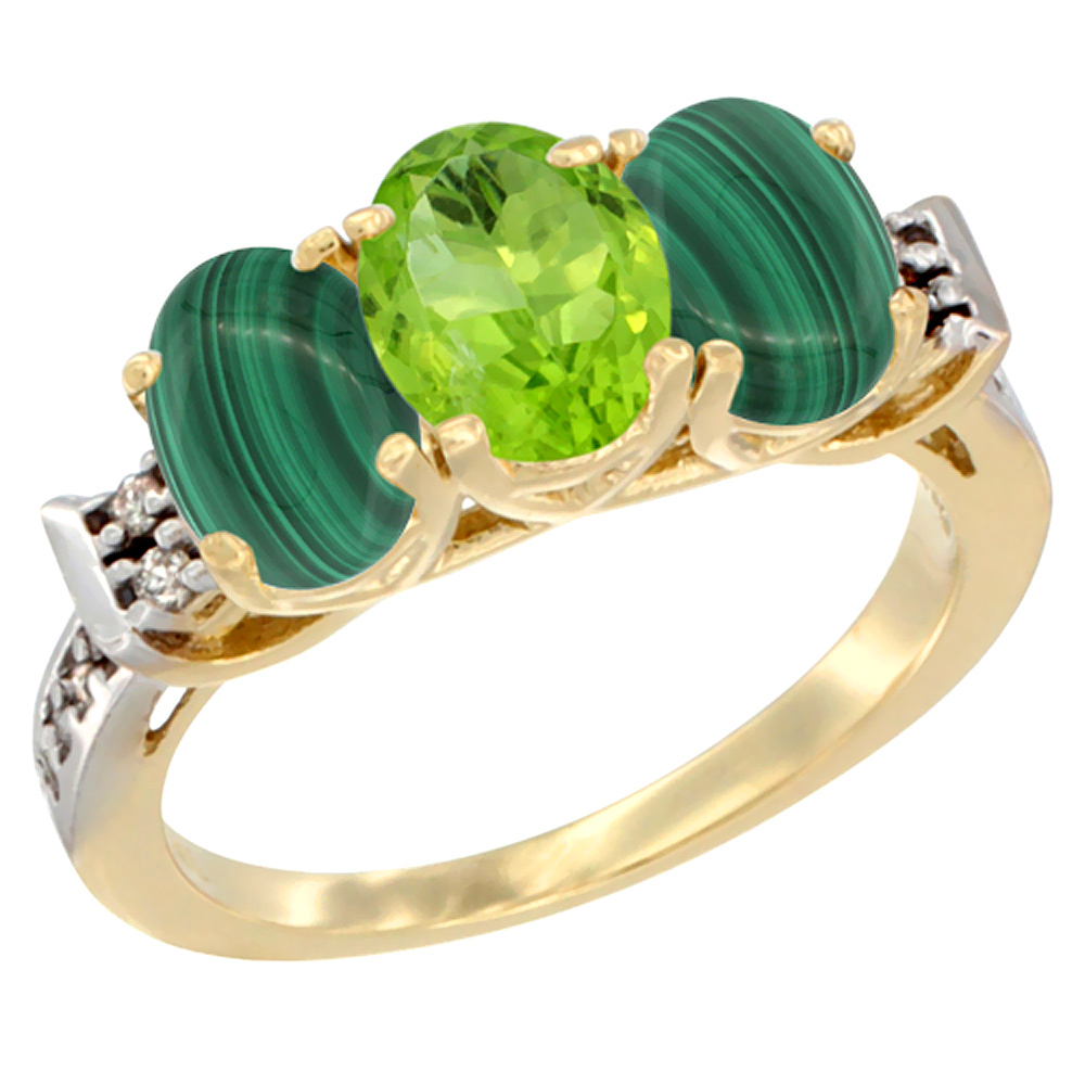10K Yellow Gold Natural Peridot & Malachite Sides Ring 3-Stone Oval 7x5 mm Diamond Accent, sizes 5 - 10