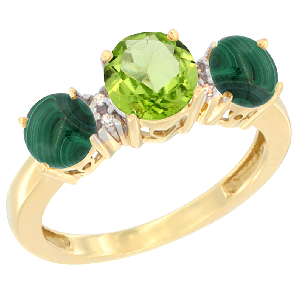 10K Yellow Gold Round 3-Stone Natural Peridot Ring & Malachite Sides Diamond Accent, sizes 5 - 10