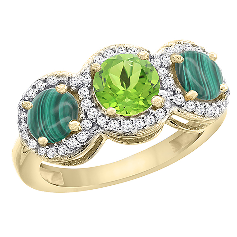 10K Yellow Gold Natural Peridot & Malachite Sides Round 3-stone Ring Diamond Accents, sizes 5 - 10