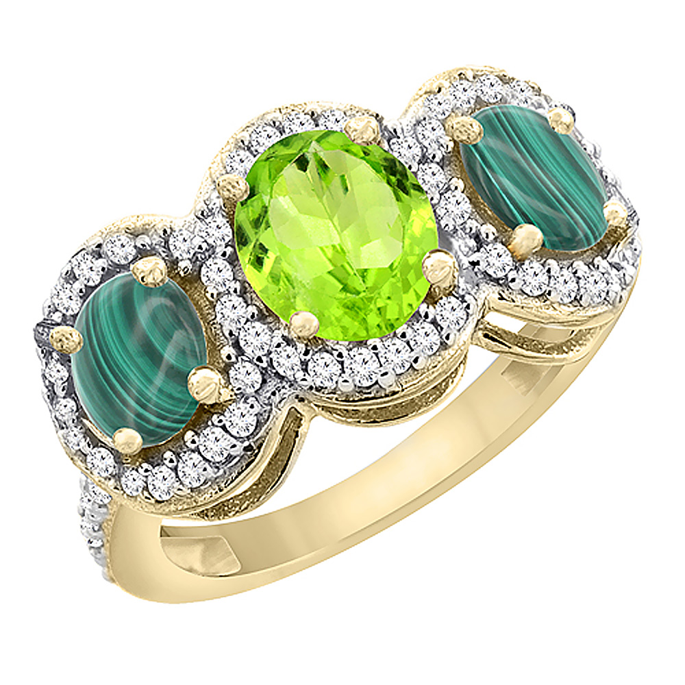 14K Yellow Gold Natural Peridot & Malachite 3-Stone Ring Oval Diamond Accent, sizes 5 - 10