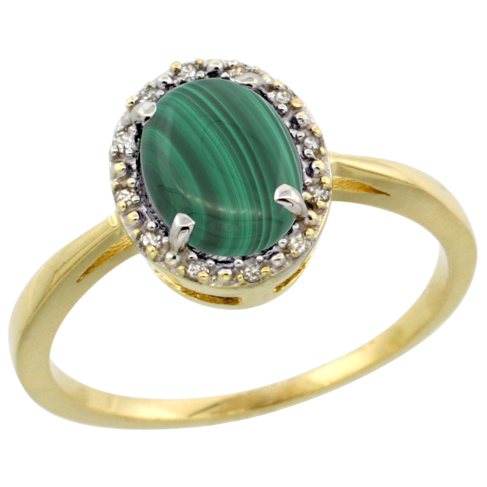 14K Yellow Gold Natural Malachite Ring Oval 8x6 mm Diamond Halo, sizes 5-10