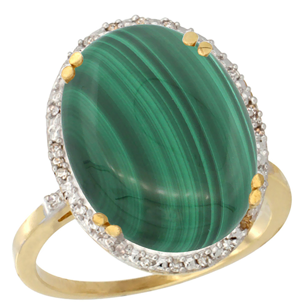 10k Yellow Gold Natural Malachite Ring Large Oval 18x13mm Diamond Halo, sizes 5-10