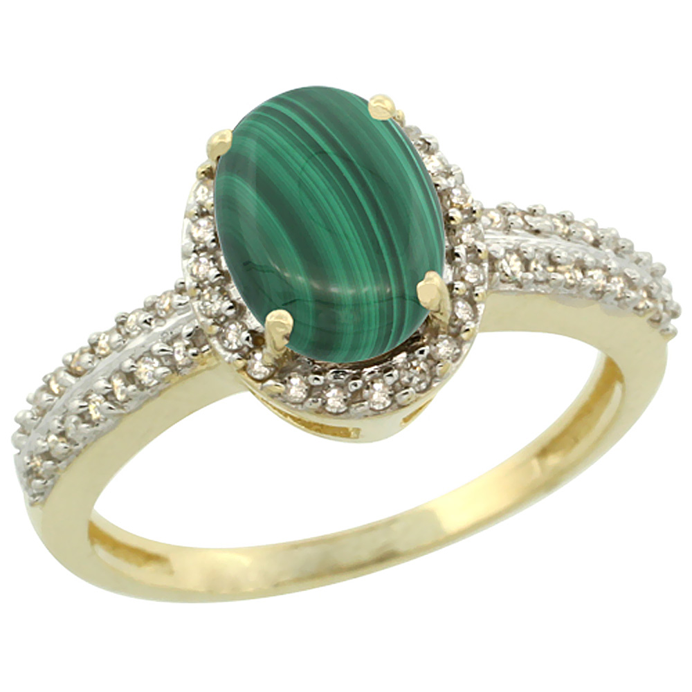 14K Yellow Gold Natural Malachite Ring Oval 8x6mm Diamond Halo, sizes 5-10