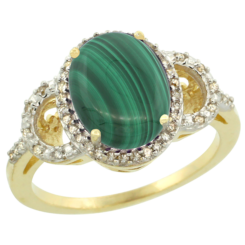 10K Yellow Gold Diamond Natural Malachite Engagement Ring Oval 10x8mm, sizes 5-10