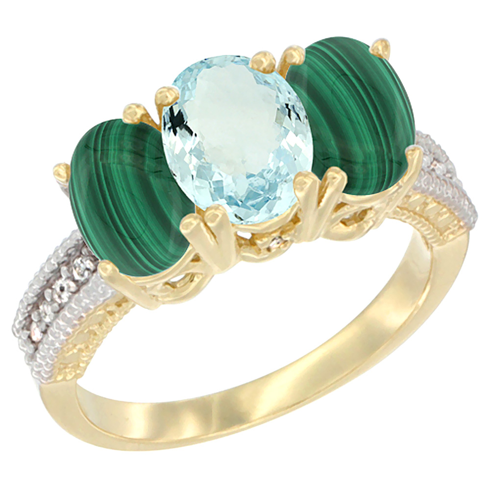 14K Yellow Gold Natural Aquamarine Ring with Malachite 3-Stone 7x5 mm Oval Diamond Accent, sizes 5 - 10