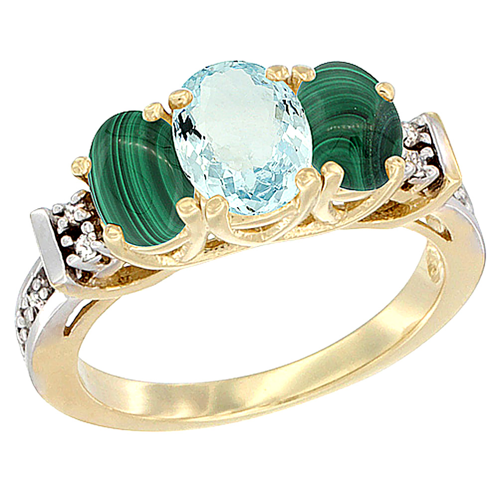 14K Yellow Gold Natural Aquamarine & Malachite Ring 3-Stone Oval Diamond Accent