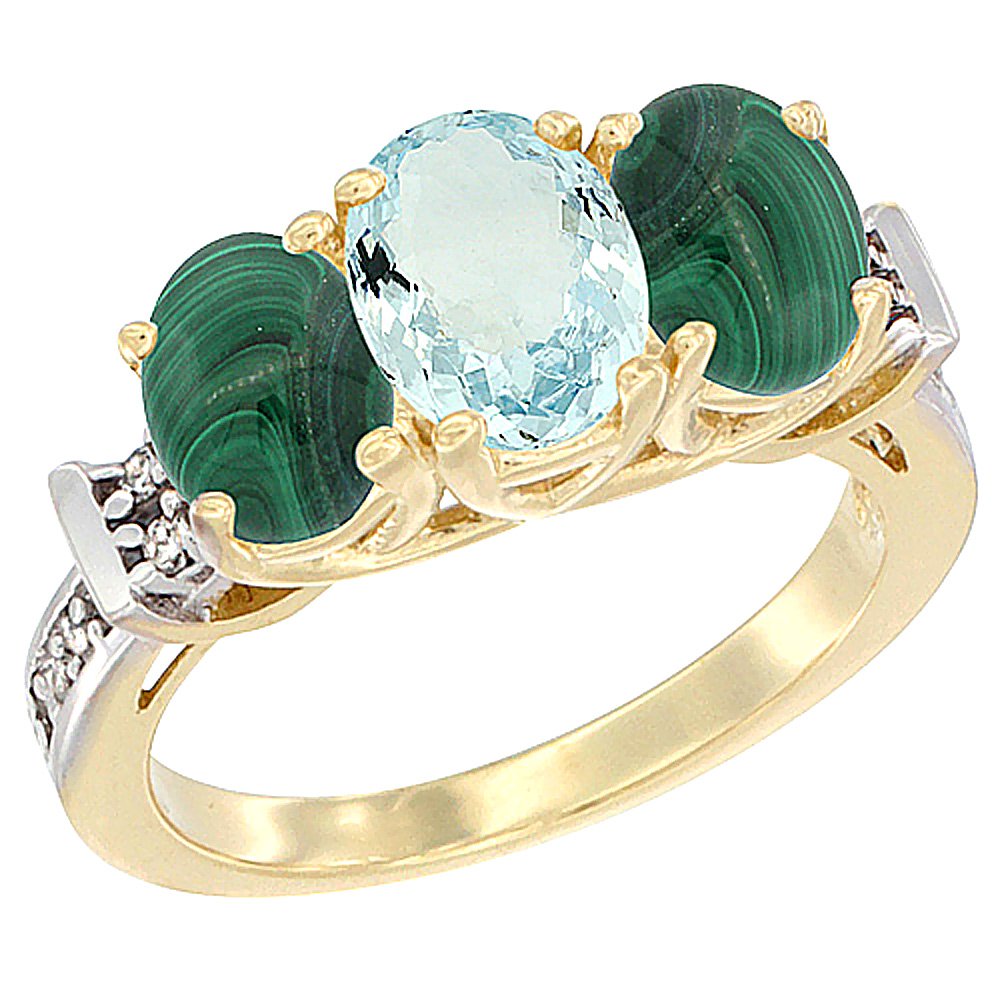 14K Yellow Gold Natural Aquamarine & Malachite Sides Ring 3-Stone Oval Diamond Accent, sizes 5 - 10