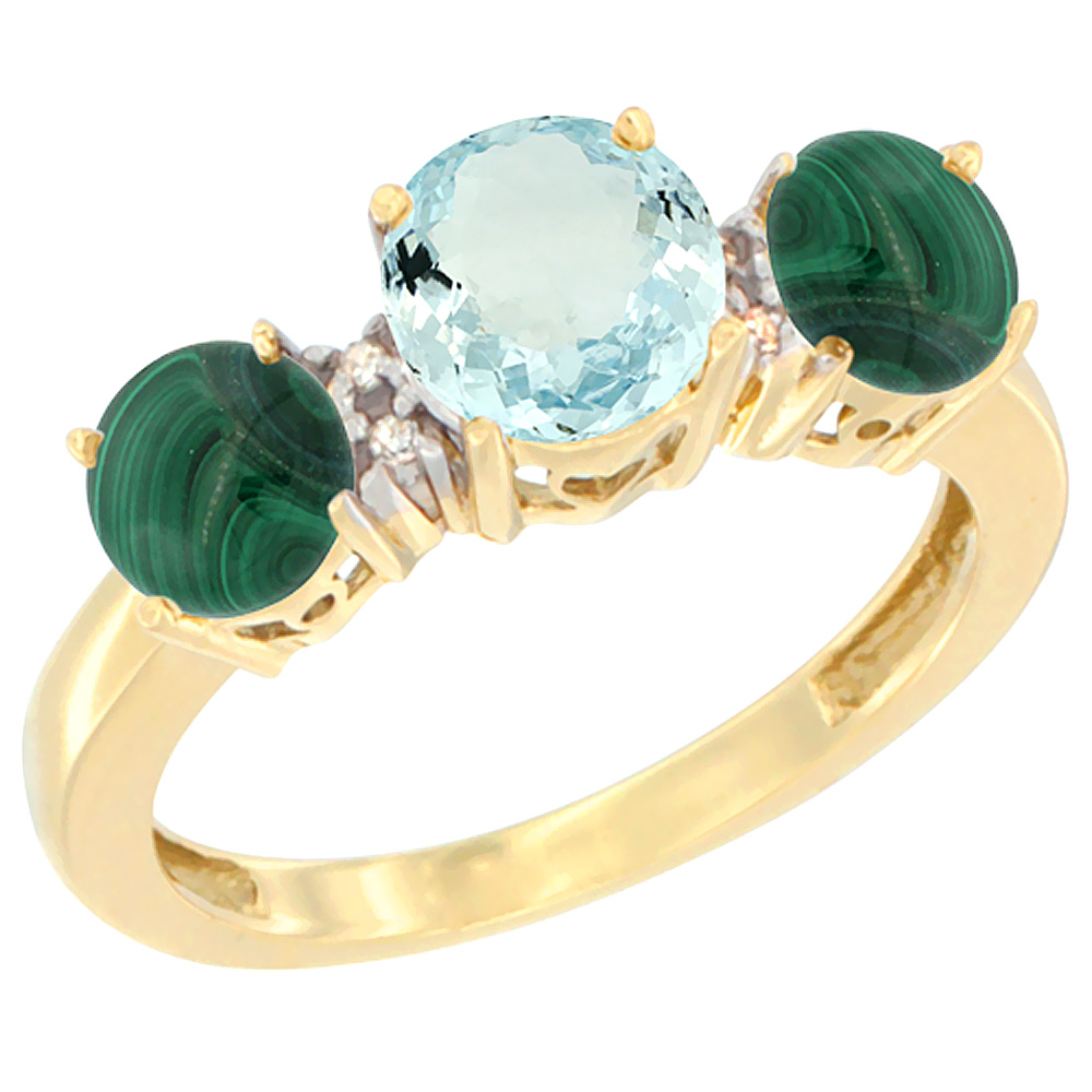 14K Yellow Gold Round 3-Stone Natural Aquamarine Ring &amp; Malachite Sides Diamond Accent, sizes 5 - 10