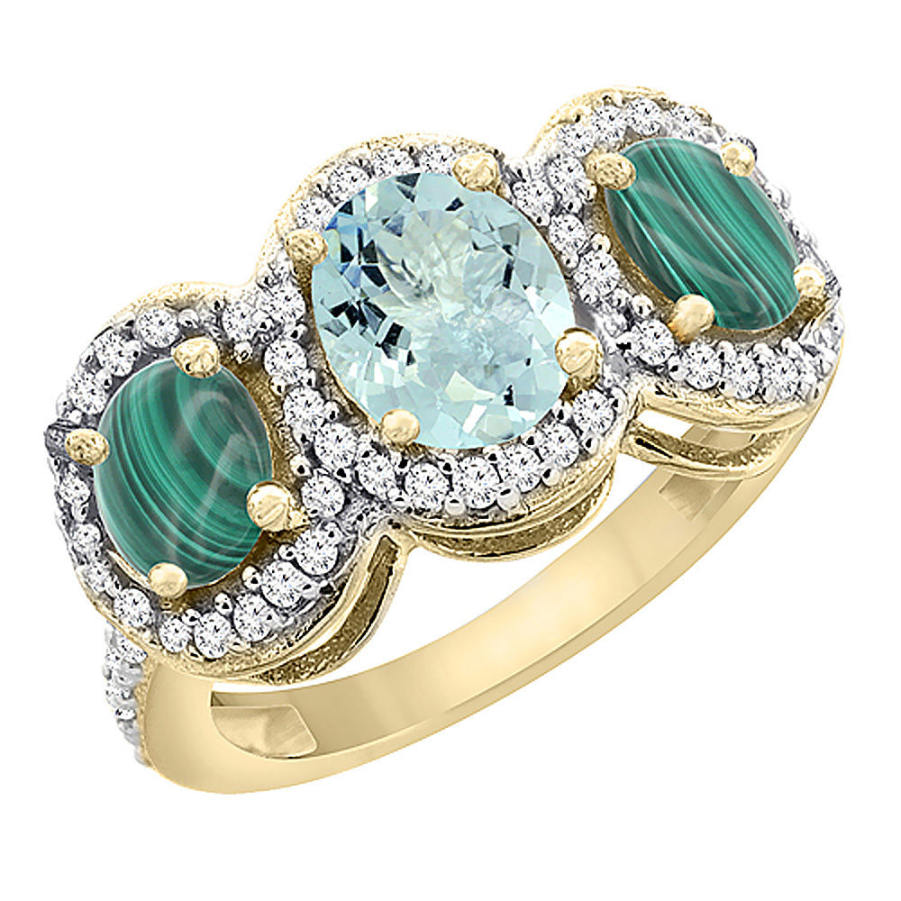 14K Yellow Gold Natural Aquamarine & Malachite 3-Stone Ring Oval Diamond Accent, sizes 5 - 10