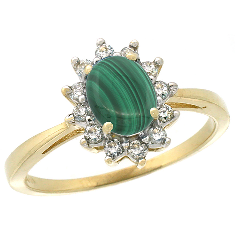 10k Yellow Gold Natural Malachite Engagement Ring Oval 7x5mm Diamond Halo, sizes 5-10