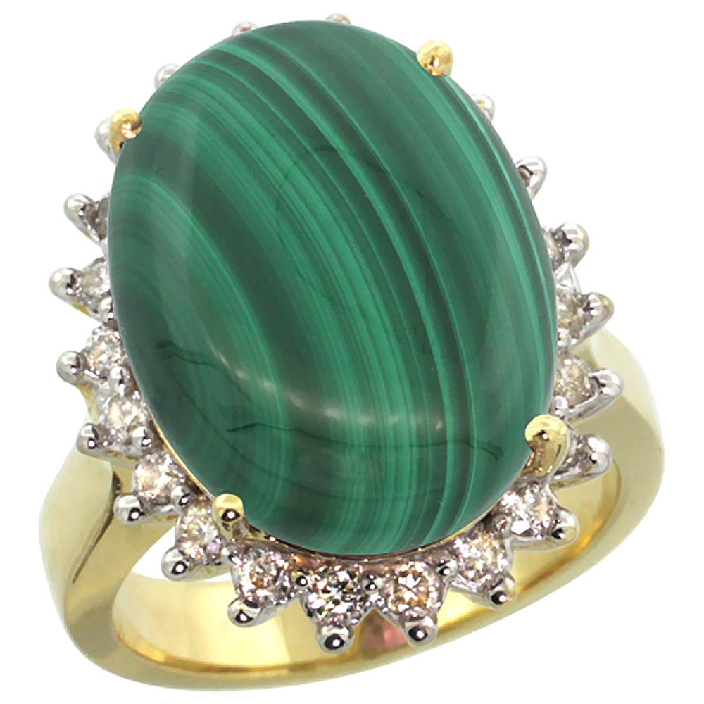 10k Yellow Gold Diamond Halo Natural Malachite Ring Large Oval 18x13mm, sizes 5-10