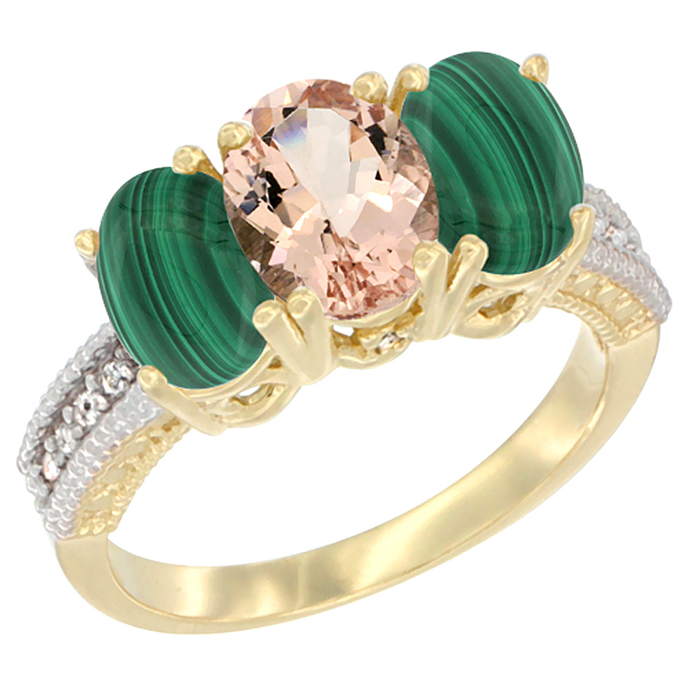 10K Yellow Gold Diamond Natural Morganite & Malachite Ring 3-Stone 7x5 mm Oval, sizes 5 - 10