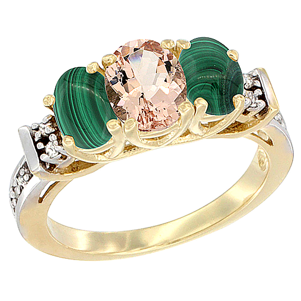 10K Yellow Gold Natural Morganite & Malachite Ring 3-Stone Oval Diamond Accent