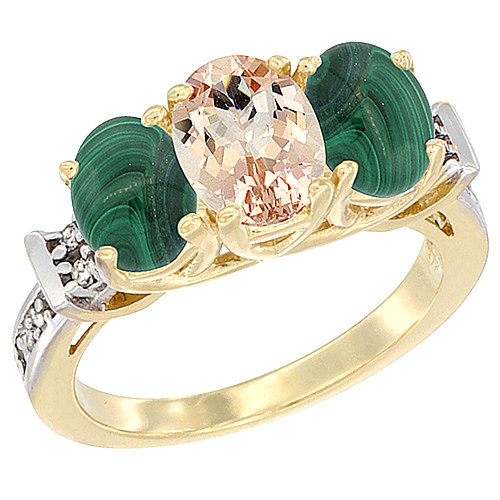 14K Yellow Gold Natural Morganite & Malachite Sides Ring 3-Stone Oval Diamond Accent, sizes 5 - 10