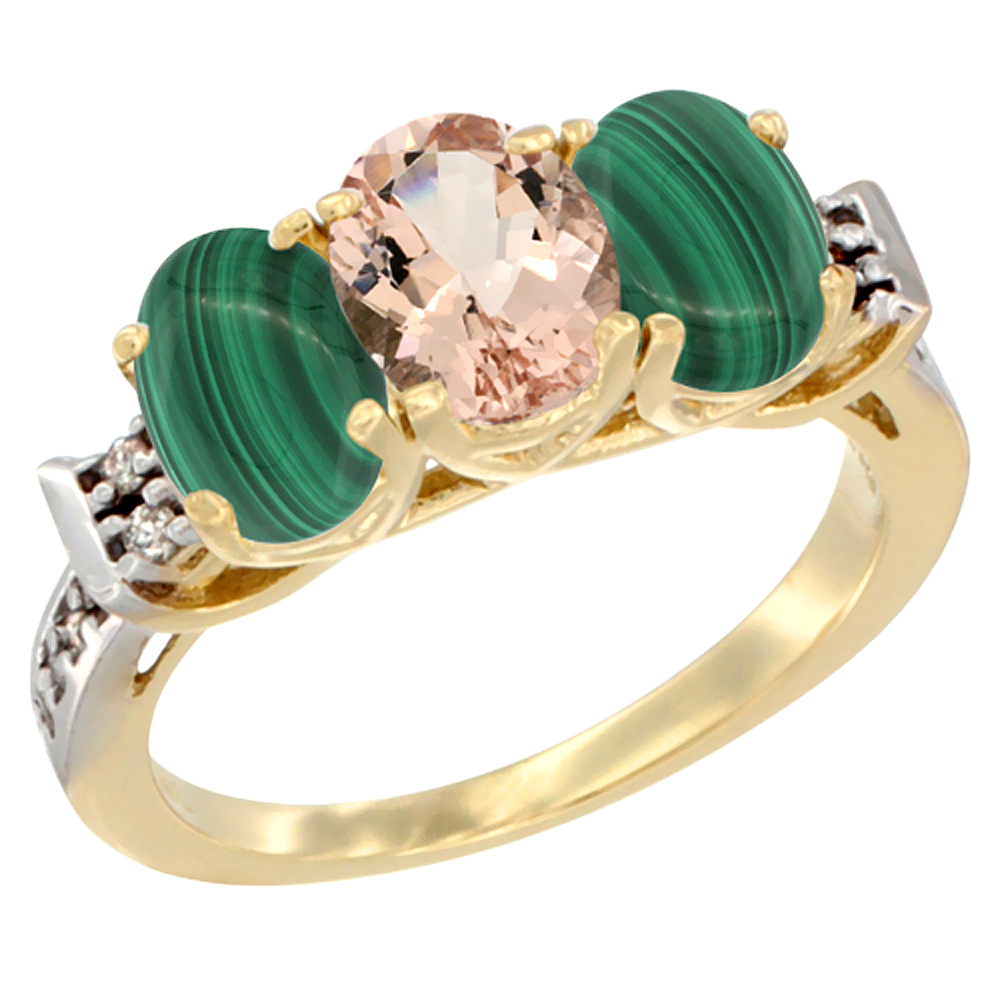 14K Yellow Gold Natural Morganite &amp; Malachite Ring 3-Stone 7x5 mm Oval Diamond Accent, sizes 5 - 10