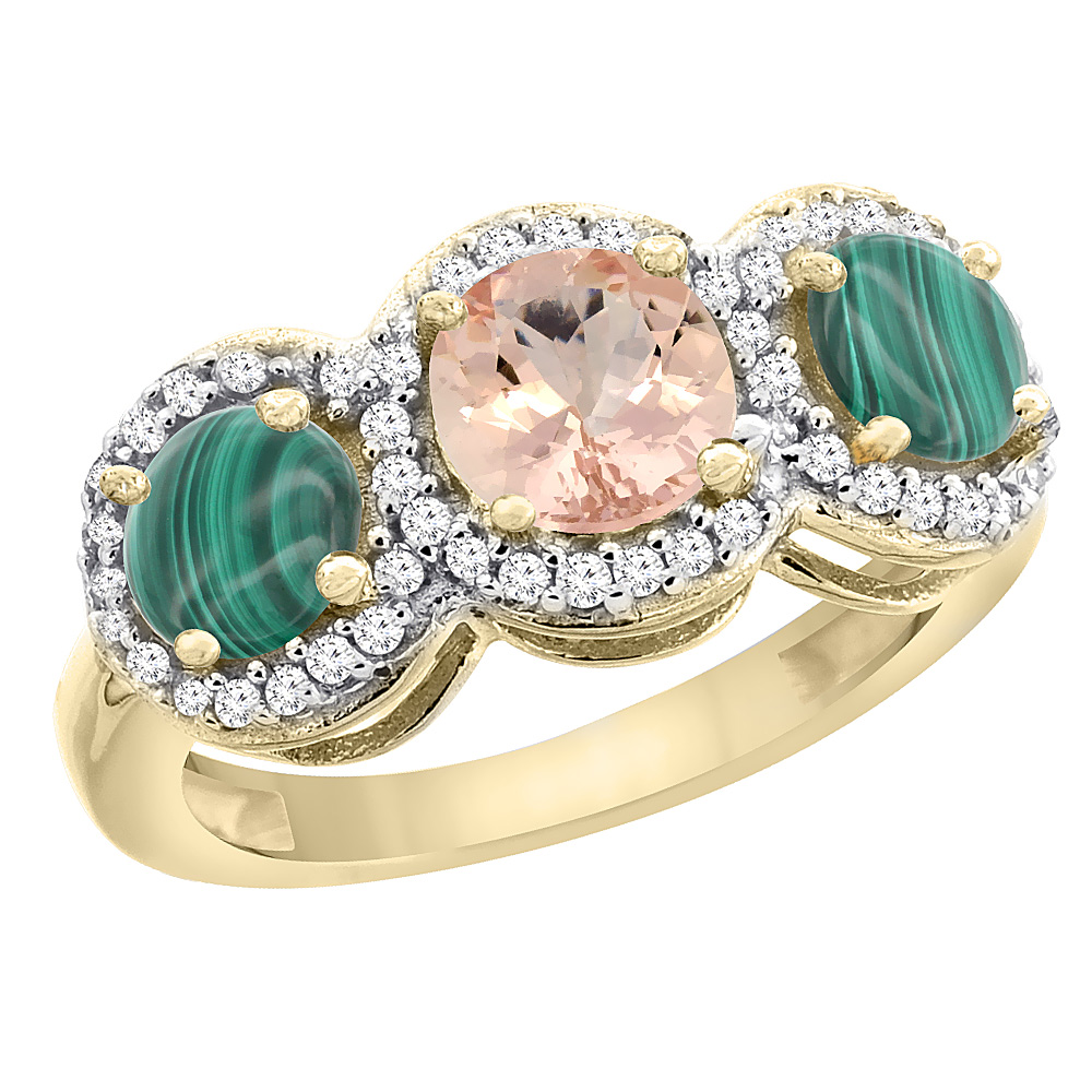 10K Yellow Gold Natural Morganite & Malachite Sides Round 3-stone Ring Diamond Accents, sizes 5 - 10