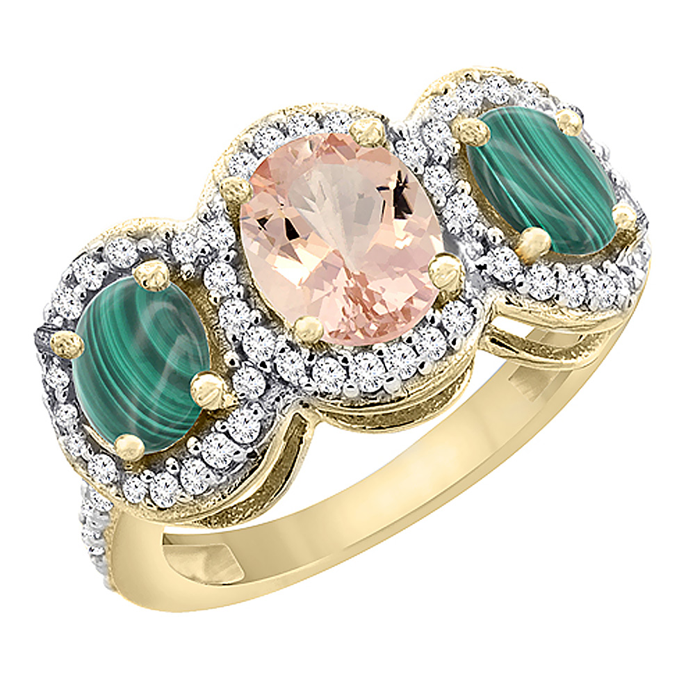 14K Yellow Gold Natural Morganite & Malachite 3-Stone Ring Oval Diamond Accent, sizes 5 - 10