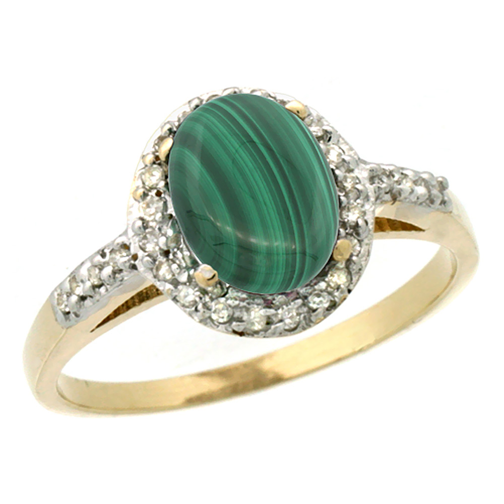 14K Yellow Gold Diamond Natural Malachite Ring Oval 8x6mm, sizes 5-10