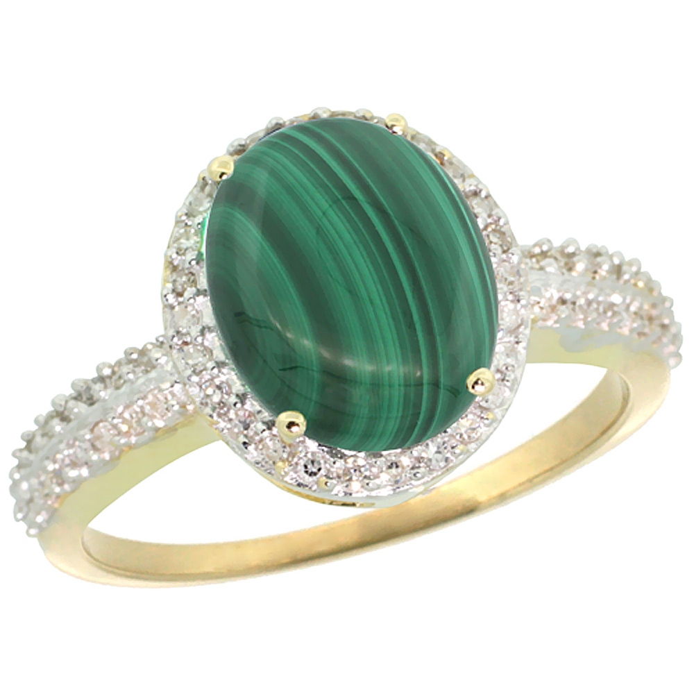 10K Yellow Gold Diamond Natural Malachite Engagement Ring Oval 10x8mm, sizes 5-10