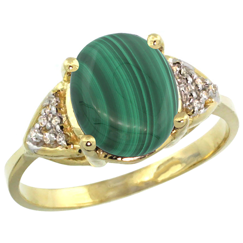 10K Yellow Gold Diamond Natural Malachite Engagement Ring Oval 10x8mm, sizes 5-10