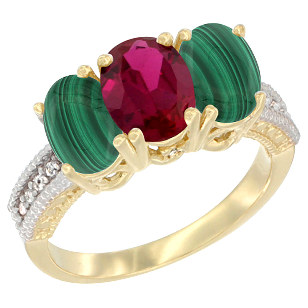 10K Yellow Gold Diamond Enhanced Ruby & Natural Malachite Ring 3-Stone 7x5 mm Oval, sizes 5 - 10