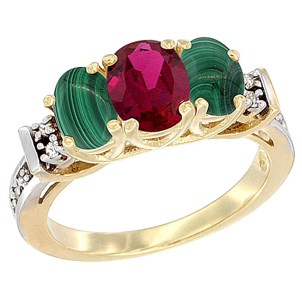 10K Yellow Gold Enhanced Ruby & Natural Malachite Ring 3-Stone Oval Diamond Accent