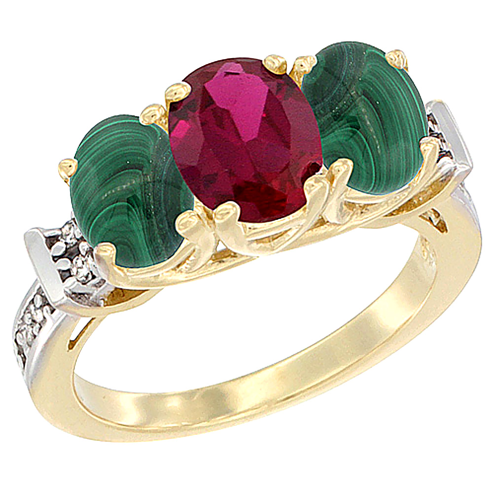 14K Yellow Gold Enhanced Ruby &amp; Malachite Sides Ring 3-Stone Oval Diamond Accent, sizes 5 - 10