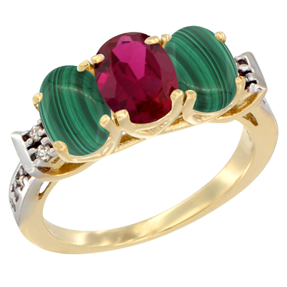 14K Yellow Gold Enhanced Ruby & Natural Malachite Ring 3-Stone 7x5 mm Oval Diamond Accent, sizes 5 - 10