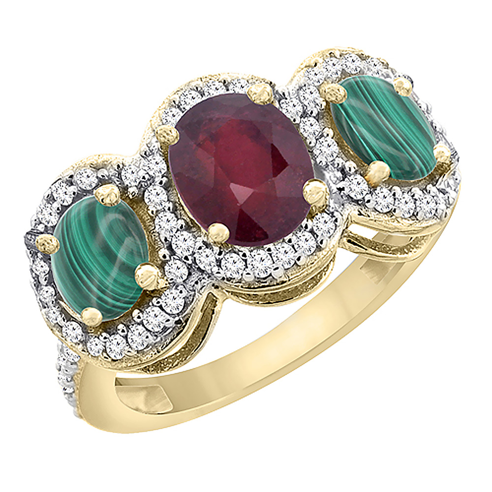 14K Yellow Gold Enhanced Ruby &amp; Malachite 3-Stone Ring Oval Diamond Accent, sizes 5 - 10