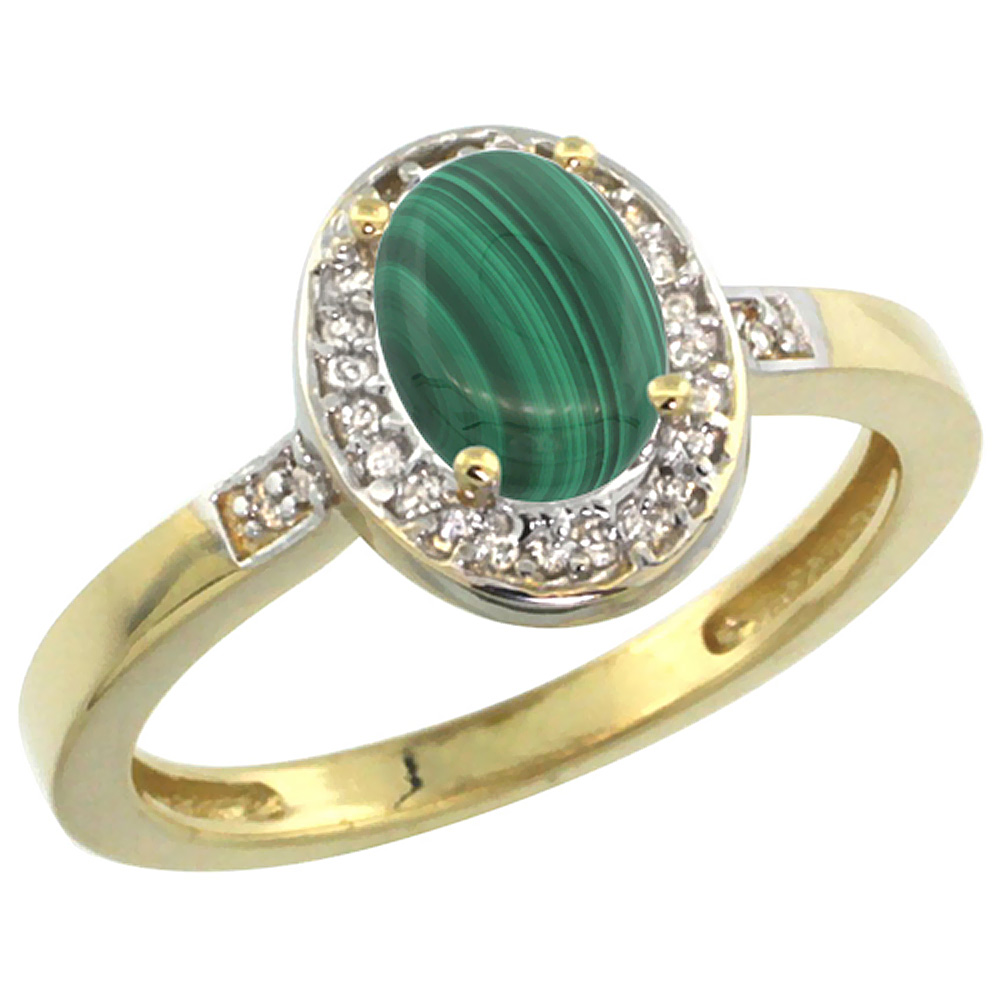 14K Yellow Gold Diamond Natural Malachite Engagement Ring Oval 7x5mm, sizes 5-10