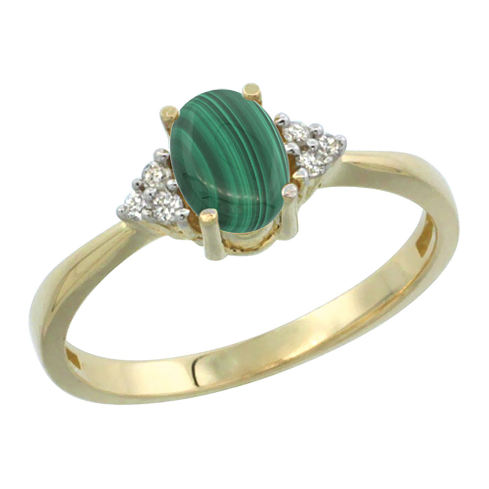 14K Yellow Gold Diamond Natural Malachite Engagement Ring Oval 7x5mm, sizes 5-10