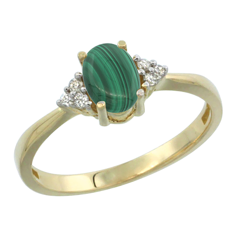 10K Yellow Gold Diamond Natural Malachite Engagement Ring Oval 7x5mm, sizes 5-10