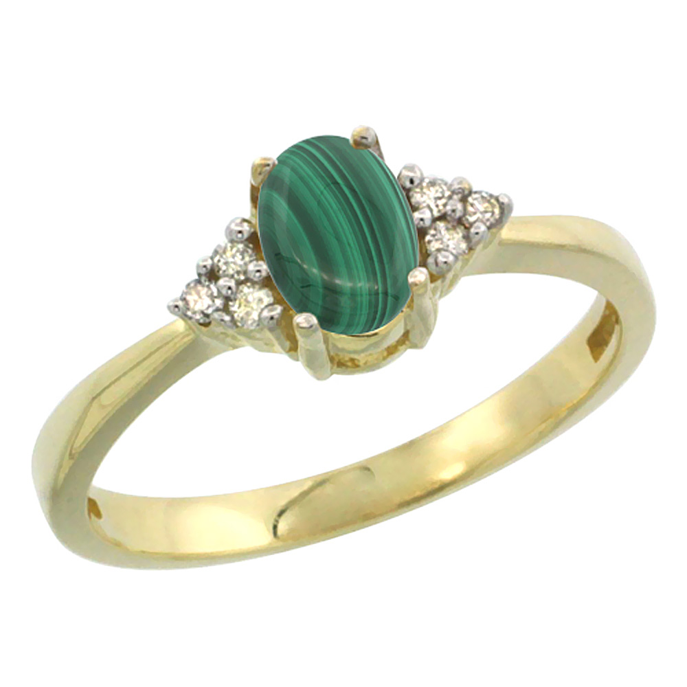 10K Yellow Gold Natural Malachite Ring Oval 6x4mm Diamond Accent, sizes 5-10