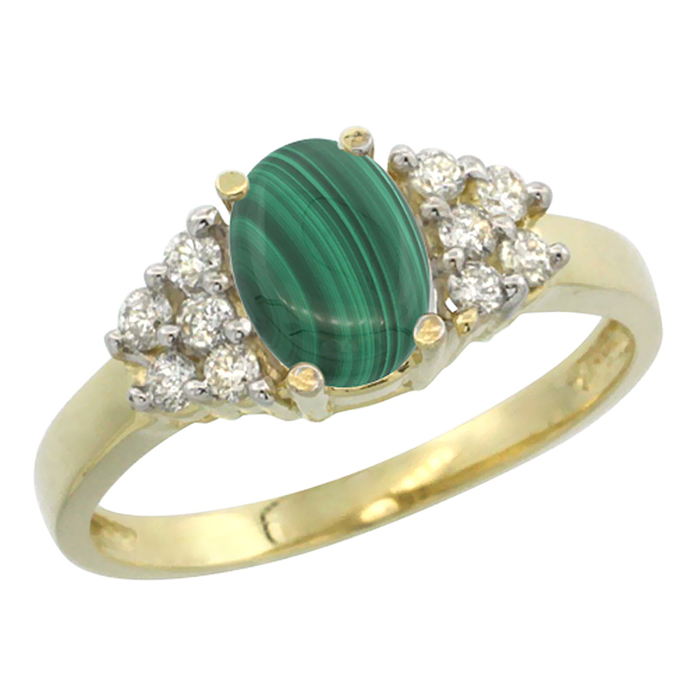 10K Yellow Gold Natural Malachite Ring Oval 8x6mm Diamond Accent, sizes 5-10