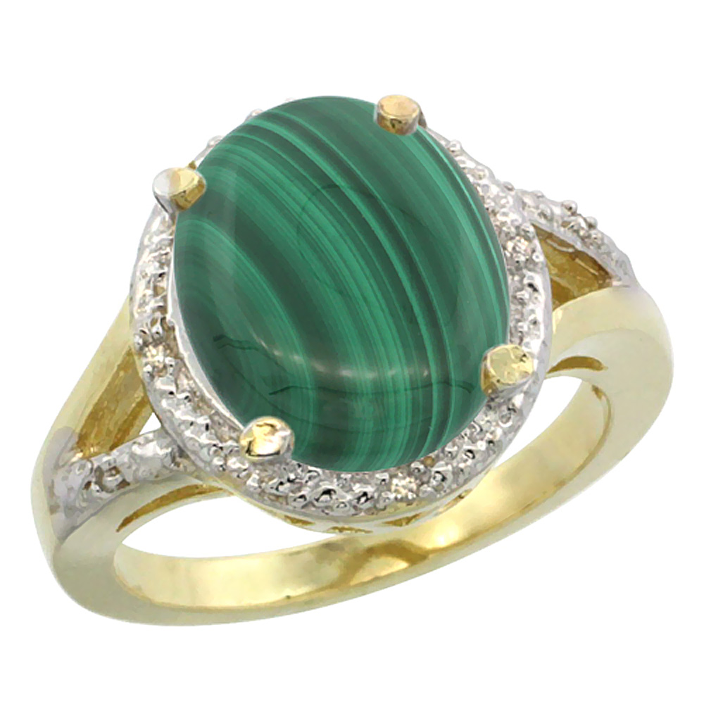 14K Yellow Gold Natural Malachite Ring Oval 12x10mm Diamond Accent, sizes 5-10