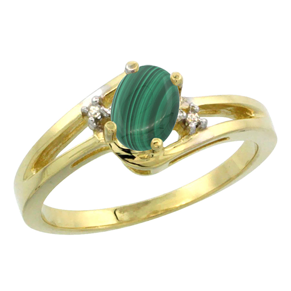 10K Yellow Gold Diamond Natural Malachite Ring Oval 6x4 mm, sizes 5-10