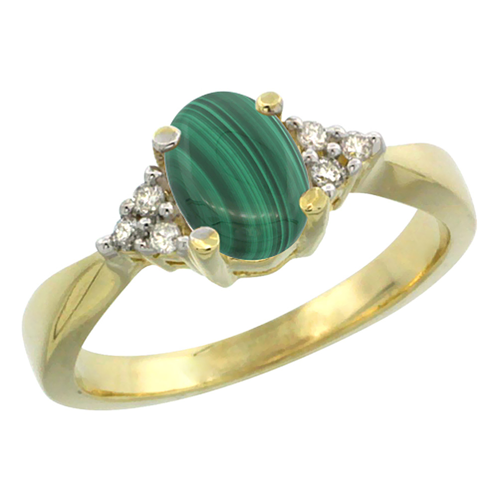 14K Yellow Gold Diamond Natural Malachite Engagement Ring Oval 7x5mm, sizes 5-10