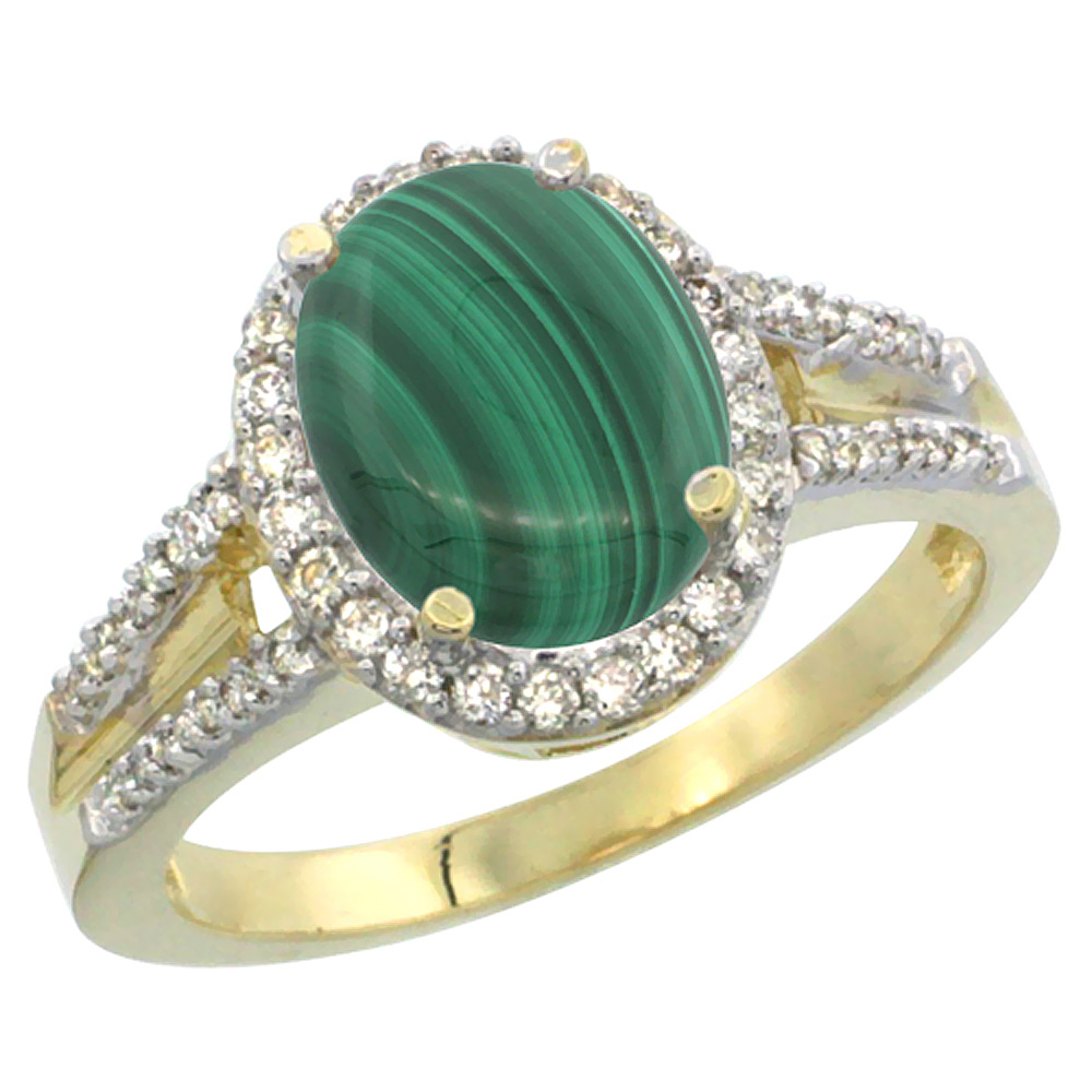 10K Yellow Gold Diamond Natural Malachite Engagement Ring Oval 10x8mm, sizes 5-10