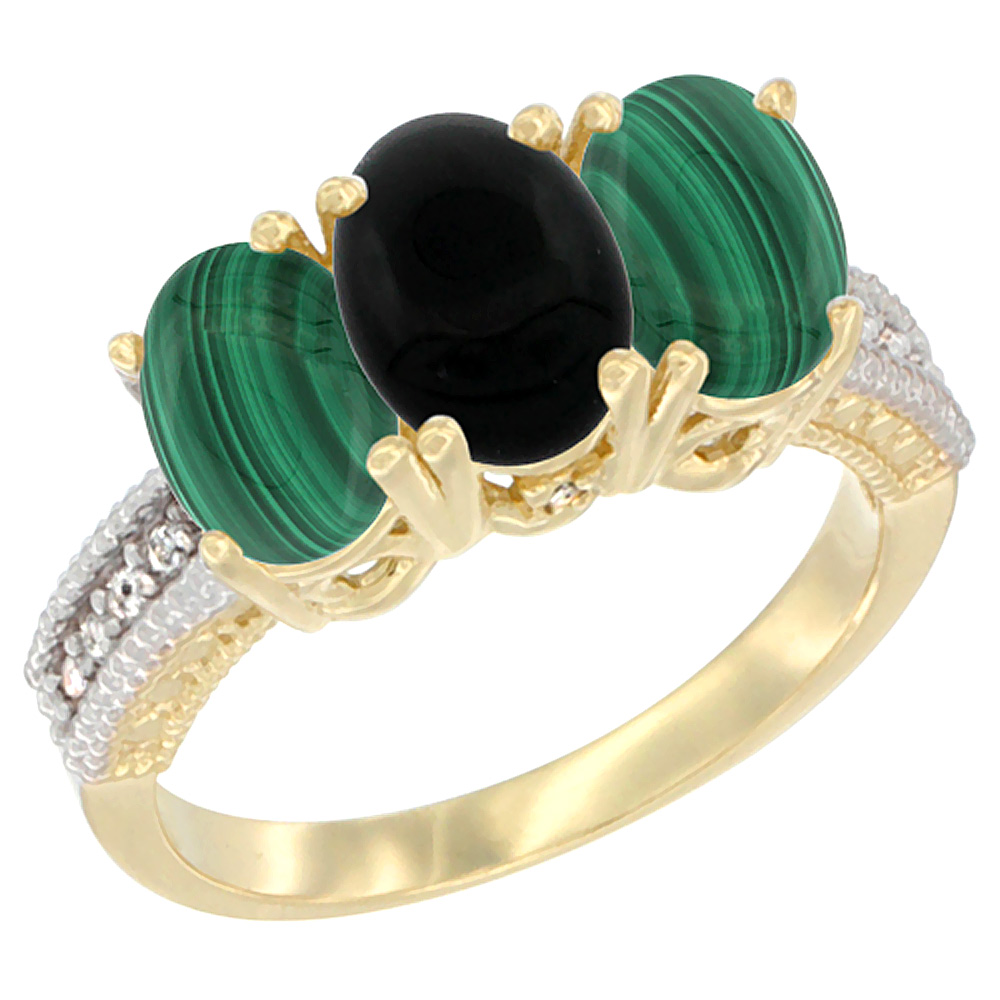 10K Yellow Gold Diamond Natural Black Onyx & Malachite Ring 3-Stone 7x5 mm Oval, sizes 5 - 10