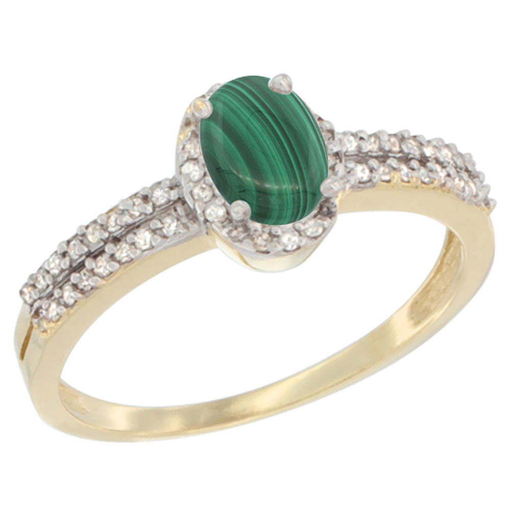 14K Yellow Gold Natural Malachite Ring Oval 6x4mm Diamond Accent, sizes 5-10