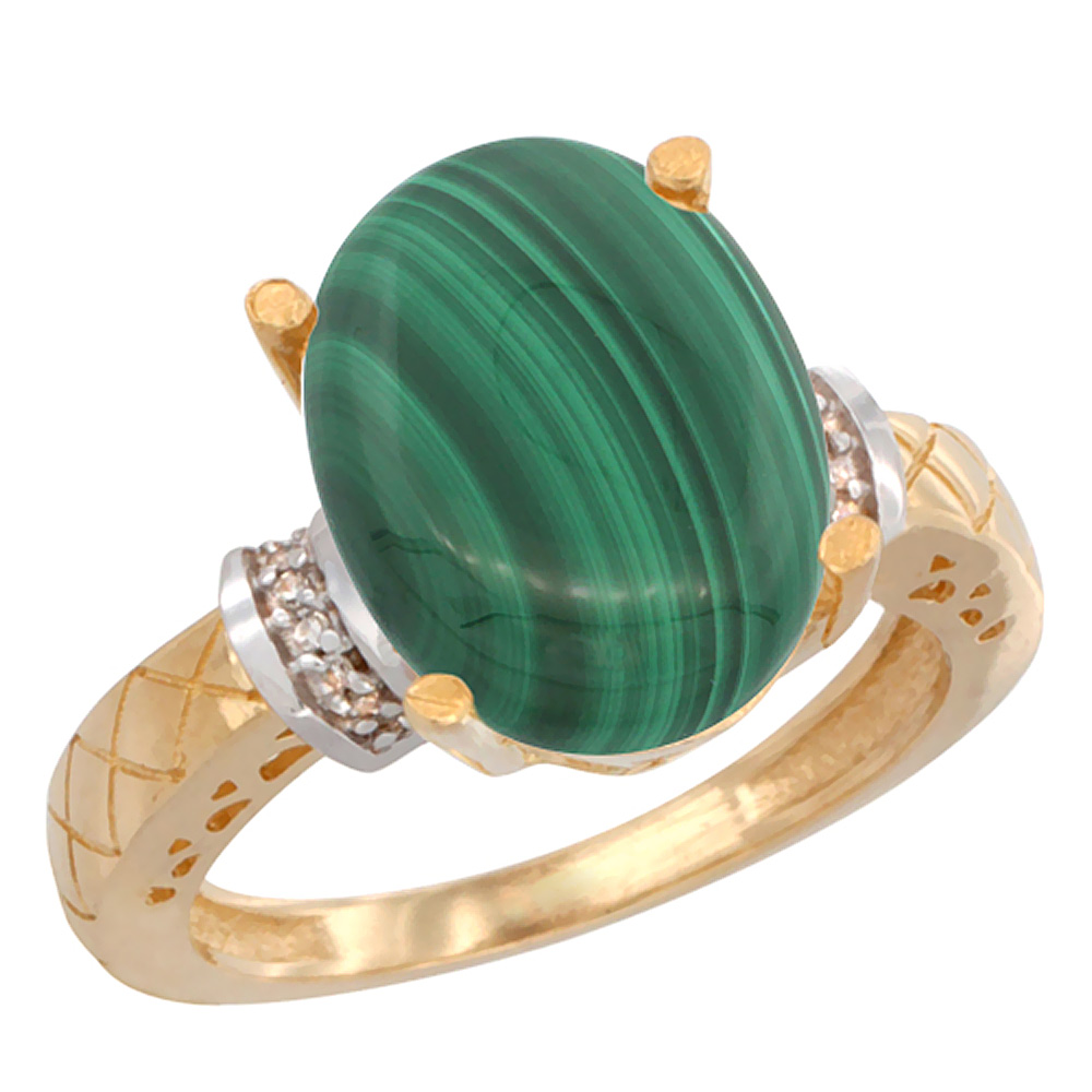 14K Yellow Gold Diamond Natural Malachite Ring Oval 14x10mm, sizes 5-10