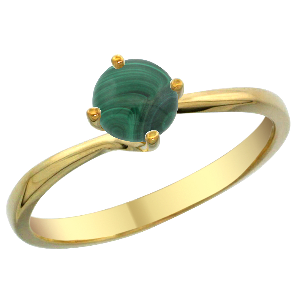 14K Yellow Gold Natural Malachite Solitaire Ring Round 6mm, sizes 5 - 10