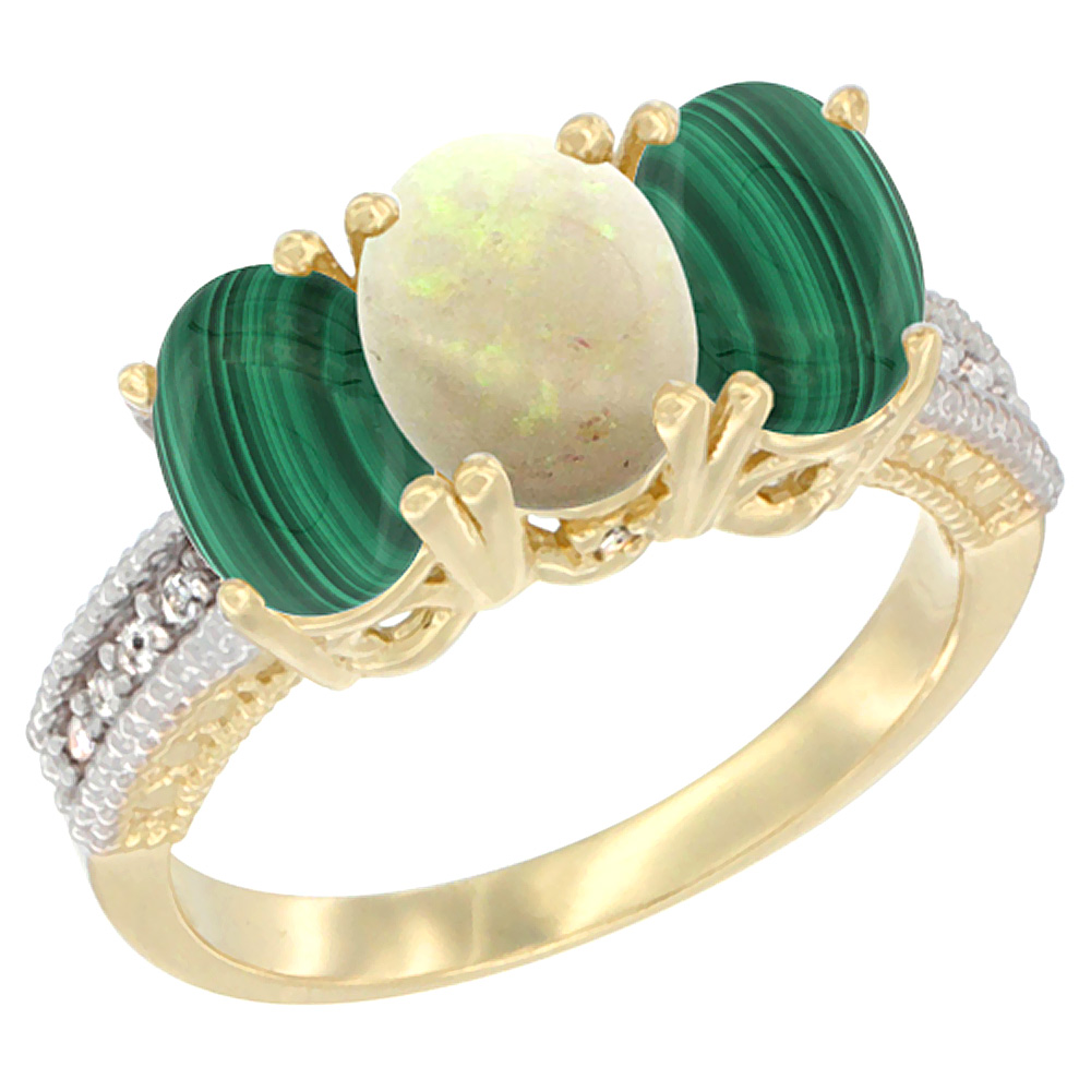 10K Yellow Gold Diamond Natural Opal & Malachite Ring 3-Stone 7x5 mm Oval, sizes 5 - 10