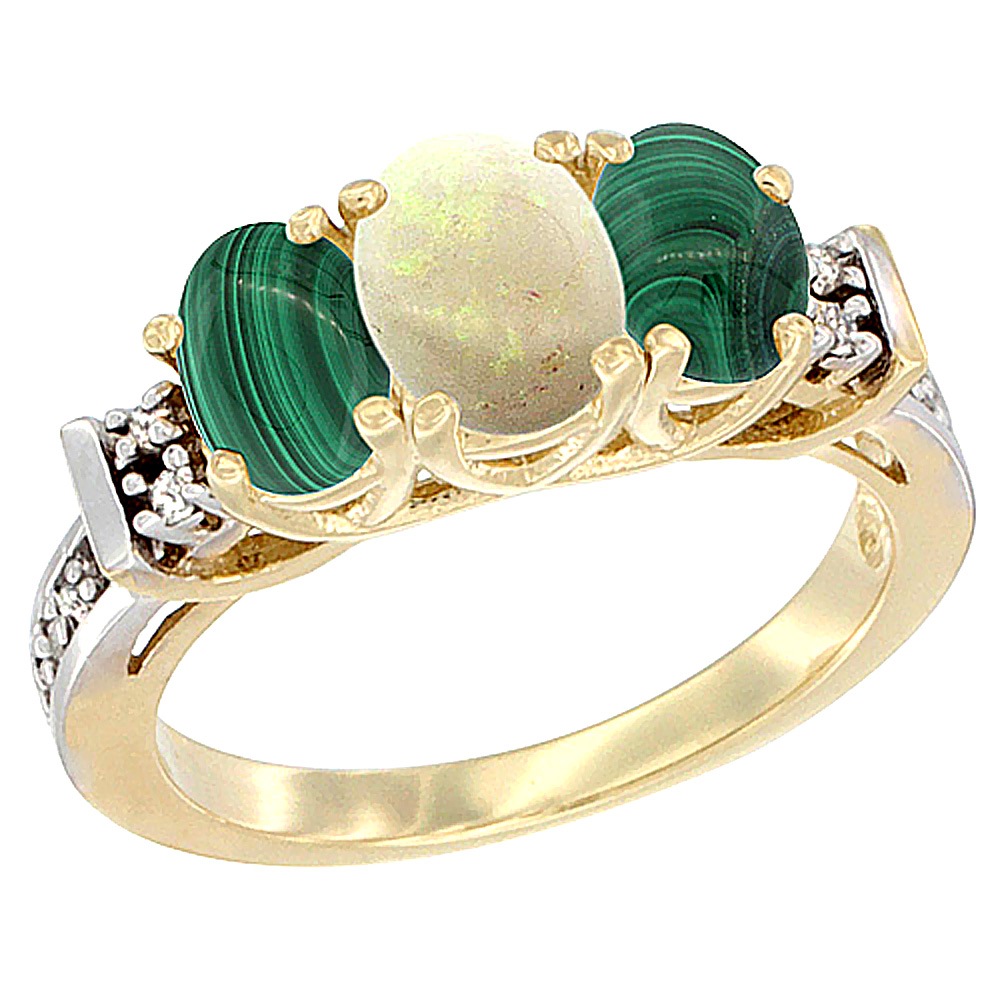 10K Yellow Gold Natural Opal & Malachite Ring 3-Stone Oval Diamond Accent