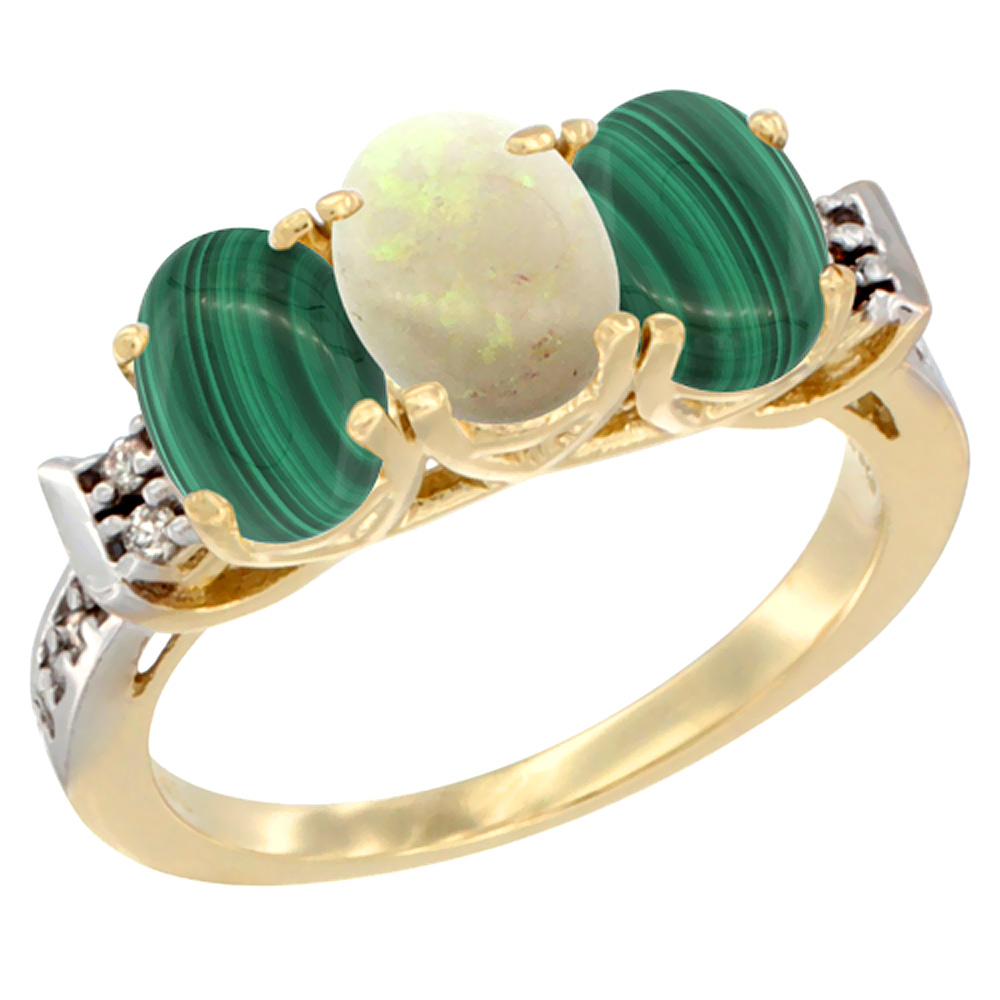 14K Yellow Gold Natural Opal & Malachite Ring 3-Stone 7x5 mm Oval Diamond Accent, sizes 5 - 10