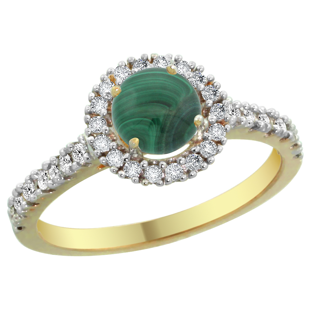 14K Yellow Gold Diamond Halo Natural Malachite Ring Round 6mm, sizes 5 - 10