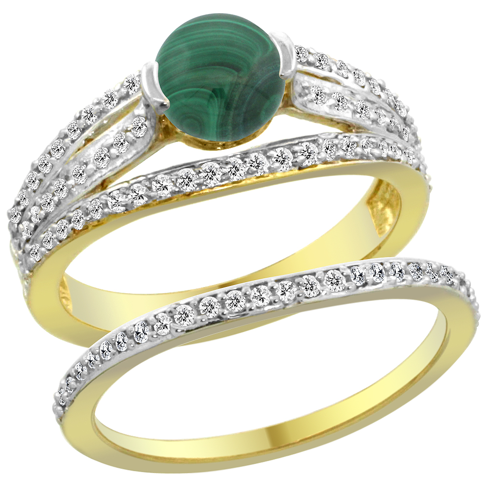 14K Yellow Gold Natural Malachite 2-piece Engagement Ring Set Round 6mm, sizes 5 - 10