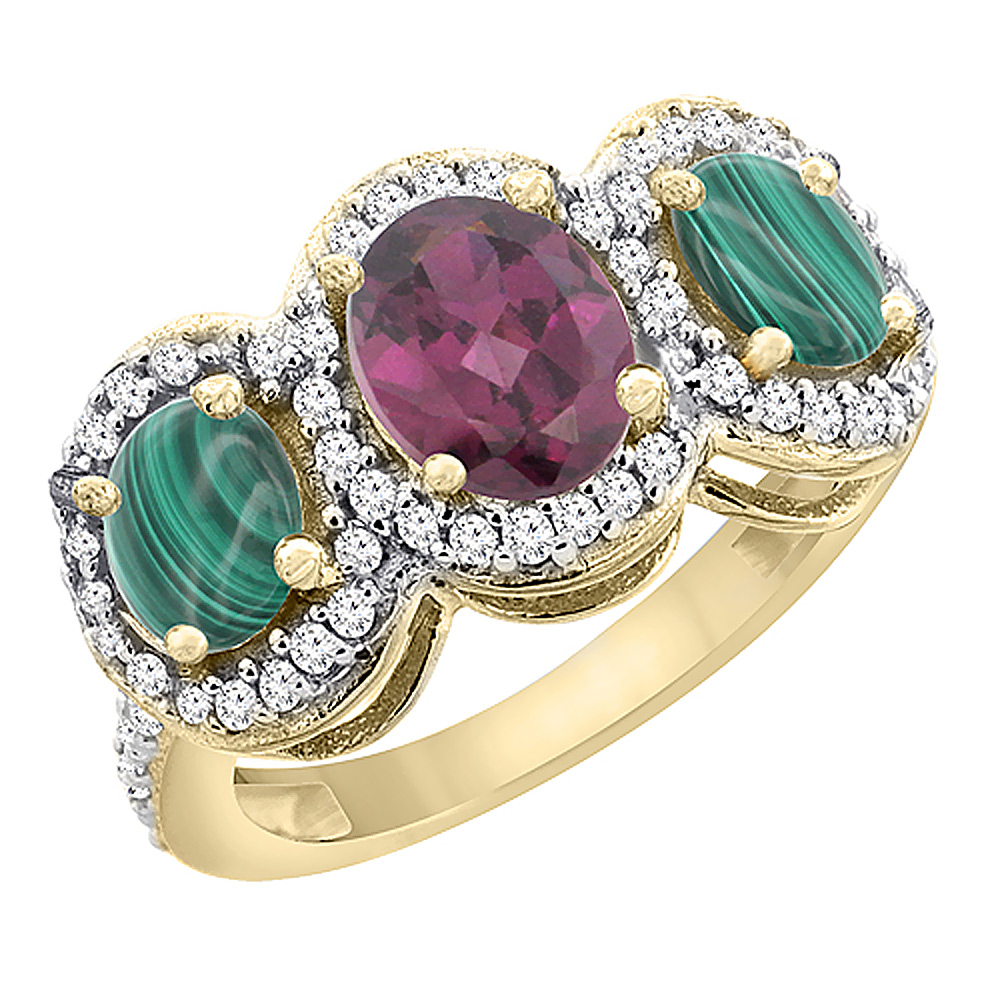 14K Yellow Gold Natural Rhodolite & Malachite 3-Stone Ring Oval Diamond Accent, sizes 5 - 10