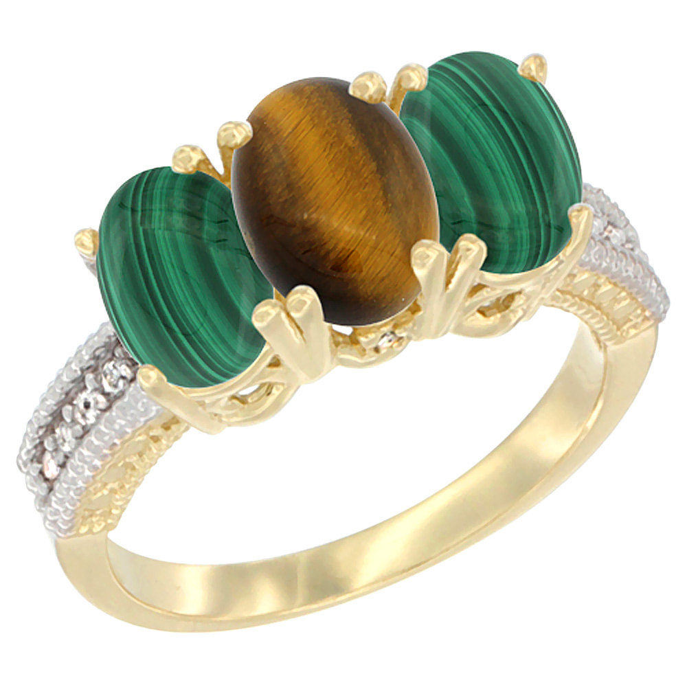 10K Yellow Gold Diamond Natural Tiger Eye &amp; Malachite Ring 3-Stone 7x5 mm Oval, sizes 5 - 10